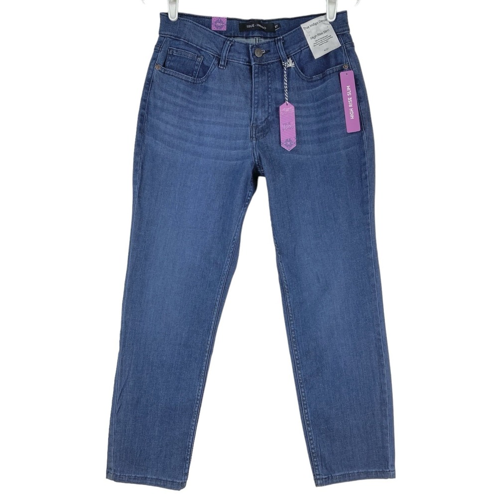 NWT True Indigo Denim Women's Trendy Blue Jeans 4/27 High Rise Slim Leg Stretch